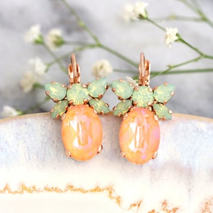Peach Drop Crystal Earrings, Orange Green Crystal Earrings, Bridal Peach Crystal Drop Earrings, Bridesmaids Earrings, Gift For Her.