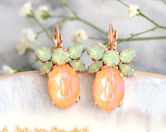 Peach Drop Crystal Earrings, Orange Green Crystal Earrings, Bridal Peach Crystal Drop Earrings, Bridesmaids Earrings, Gift For Her.