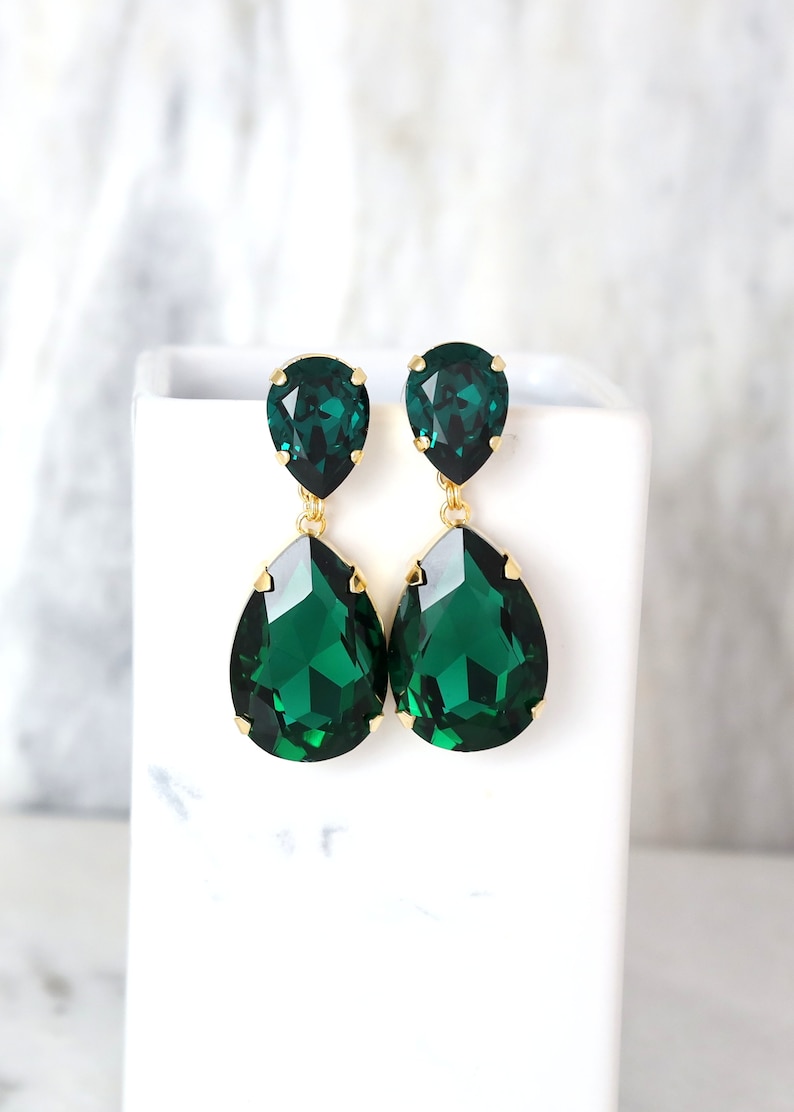 Emerald Statement Long Earrings, Emerald Green Chandelier Earrings, Emerald Green Crystal Earrings, Green Emerald Crystal Oversize Earrings. image 1