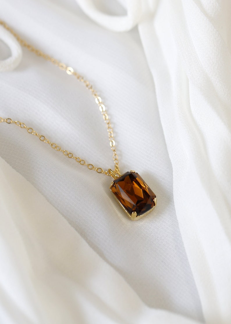 Browne Crystal Necklace, Brown Smoky Quartz Gold Or Silver Necklace, Brown Emerlad Cut Crytsal Necklace, Gift for her, Handmade Gift image 6