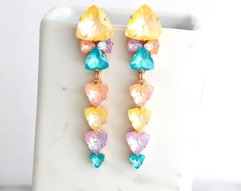 Pastel Earrings, Yellow Crystal Earrings, Colorful Long Crystal Earrings, Multicolor Drop Crystal Earrings, Ultra Color Earrings