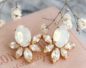 Pendientes de ópalo de cristal para novias, pendientes de ópalo blanco, pendientes de boda de ópalo blanco, pendientes de ópalo para damas de honor, regalo para ella