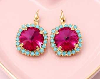 Fuchsia Pink Drop Crystal Earrings, Hot Pink Turquoise Leverback Earrings, Dark Pink Blue Embellished Crystal Jewelry, Bridesmaids Earrings