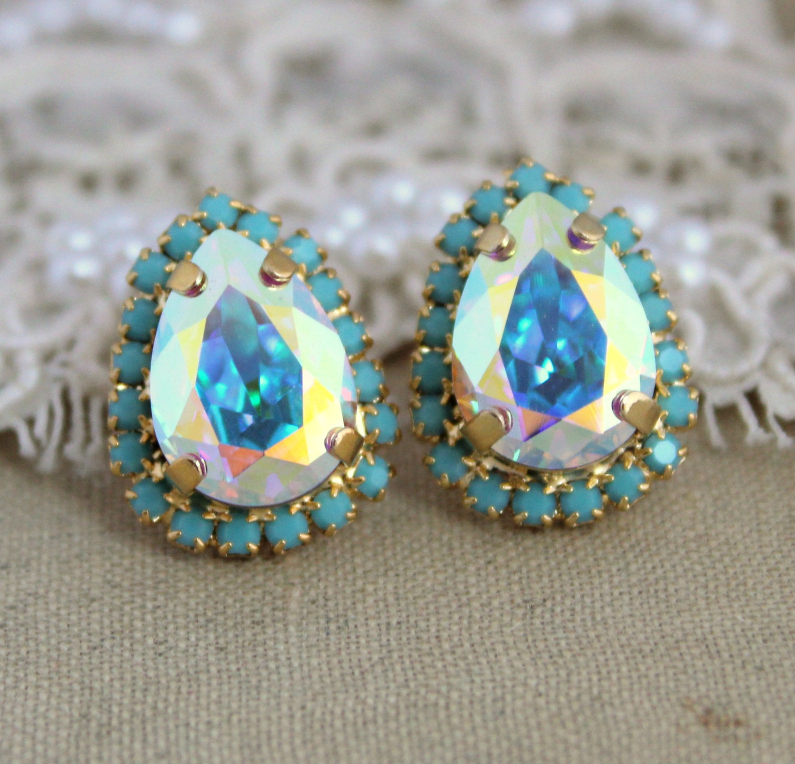 Aurora Borealis Earrings Turquoise Earrings White AB Crystal Etsy