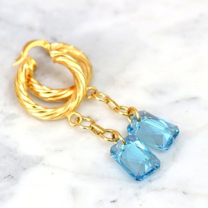 Aquamarine Gold Earrings, Aquamarine Drop Earrings, Gold Hoop Earrings, Light Blue Crystal Earrings, Oversize Hoop Earrings, Boho Earrings