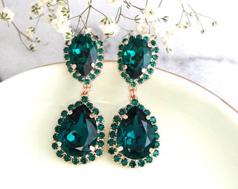 Emerald Chandelier Drop Earrings, Bridal Emerald Earrings, Green Long Earrings, Emerald Crystal Chandelier Earrings, Emerald Drop Earrings
