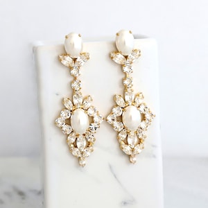 Bridal Long Crystal Earrings, Pearl Chandelier Earrings, White Pearl LONG Earrings, Bridal Statement Crystal Drop Earrings, Gift For Her