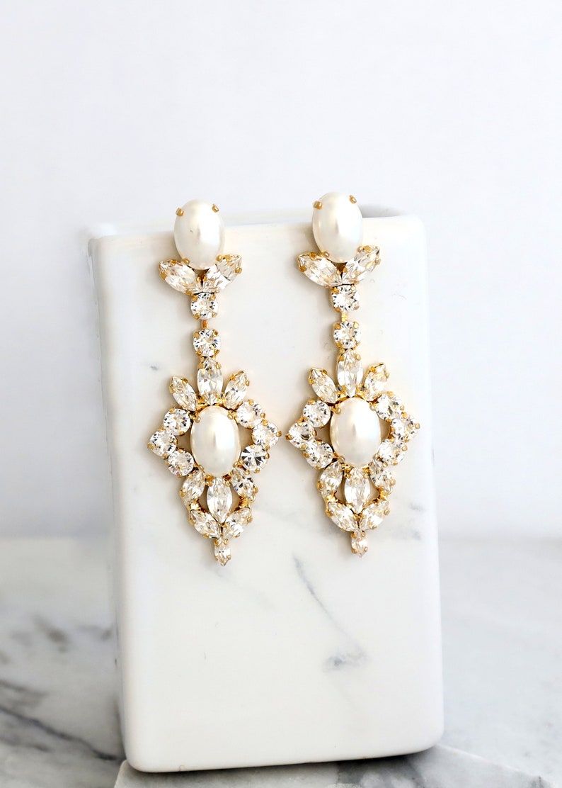 Bridal Long Crystal Earrings, Pearl Chandelier Earrings, White Pearl LONG Earrings, Bridal Statement Crystal Drop Earrings, Gift For Her image 1