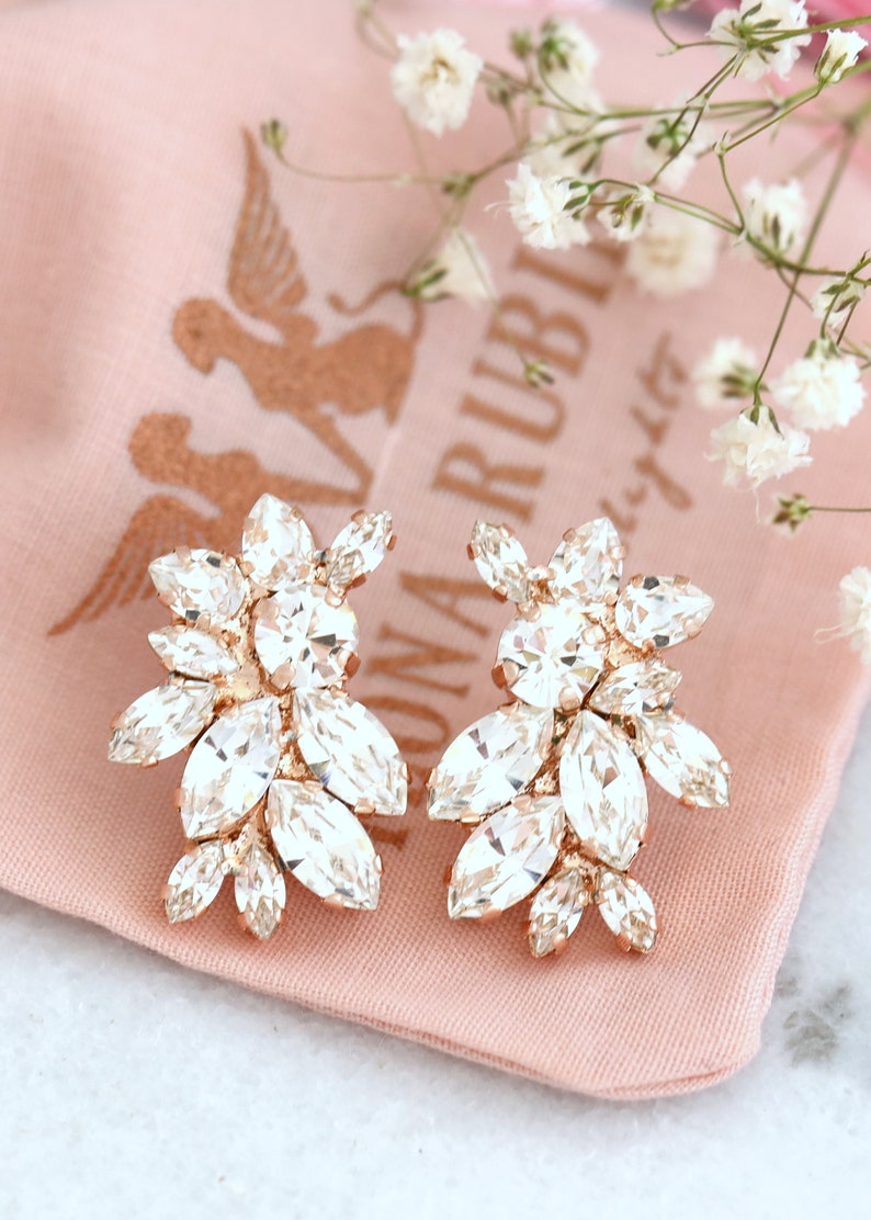 Bridal Earrings, Clear Crystal Bridal Cluster Earrings, Bridal Cluster Crystal Earrings, Crystal Stud Earrings, Bridal Rose Gold Earrings image 4