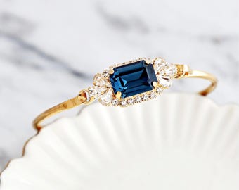 Pulseira de noiva azul-marinho, pulseira de cristal de safira azul, pulseira elegante de casamento azul-marinho, pulseiras azul-escuras para madrinhas