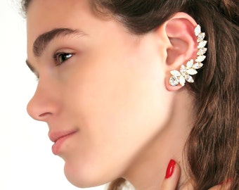 Ear Cuff Earrings, White Opal Climbing cuff earrings, Bridal White Opal Crystal Ear Climber Earrings, Bridal Wedding Crystal Opal earrings.