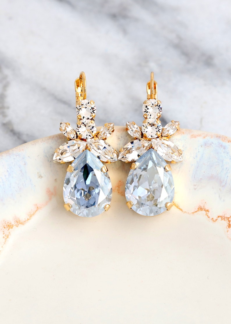Dusty Blue Earrings, Bridal Dusty Blue Earrings, Dusty Blue Crystal Drop Earrings, Bridal Dusty Blue Drop Earrings, Bridesmaids Earrings Gold Plated/shown