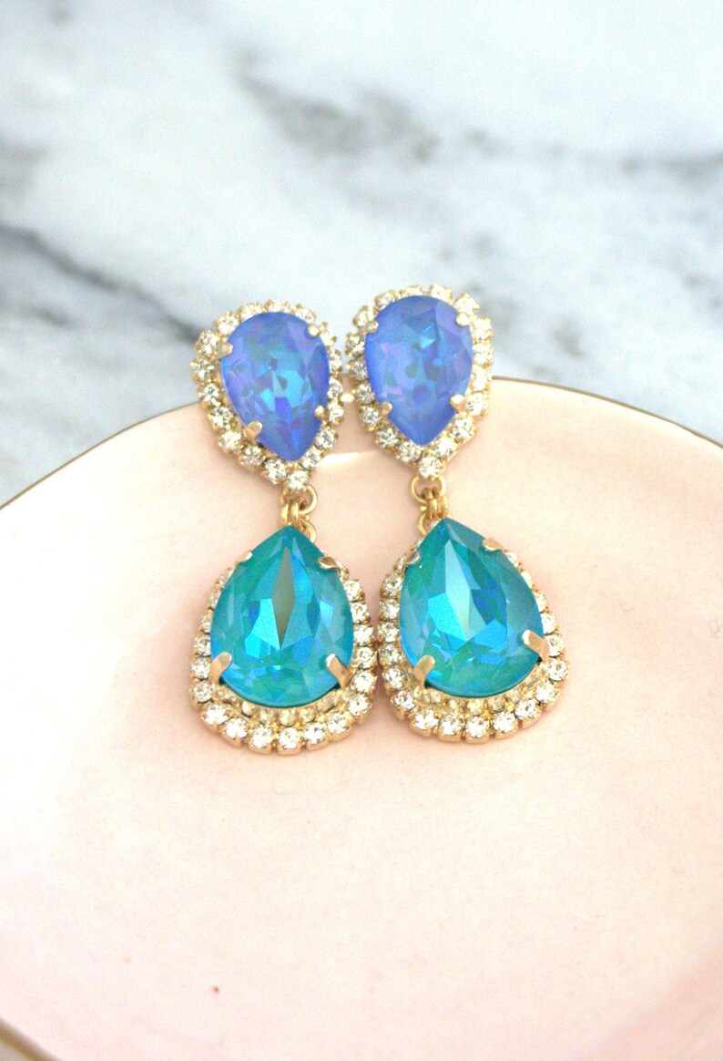 Blue Lagoon Earrings, Ocean Blue Chandelier Earrings, Beach Tropical Wedding, Blue Green Drop Long Earrings, Bridal Blue Crystal Earrings image 6