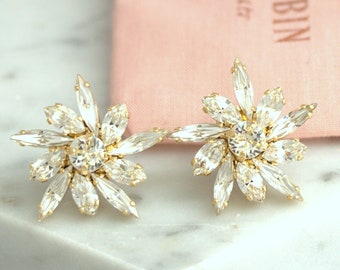 Bridal Crystal Earrings, Bridal Cluster Clear Crystal Earrings, Bridesmaids Earrings, Bridal Stud Earrings, Bridal Gold Crystal Earrings