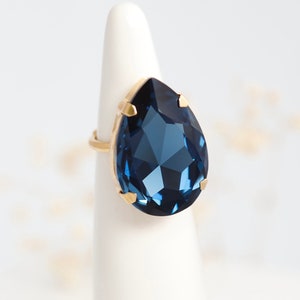 Blauwe marineblauwe grote ring cocktailkristal, statementring donkerblauw kristal, marineblauwe cocktailring, oversized strass cocktailring