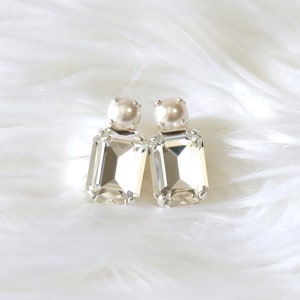 Bridal Classic Crystal Earrings, Pearl Crystal Stud Earrings, Emerald Cut Crystal Pearl Stud Earrings, Bridesmaids Earrings, Gift For Her image 9