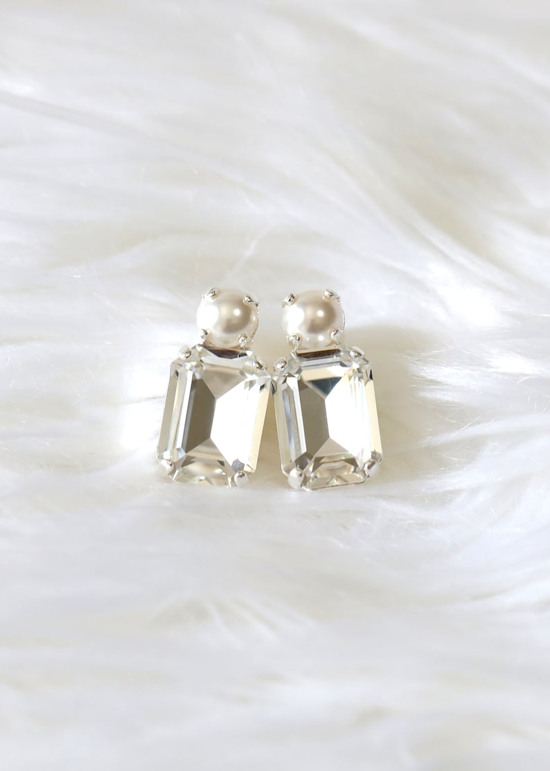 Bridal Classic Crystal Earrings, Pearl Crystal Stud Earrings, Emerald Cut Crystal Pearl Stud Earrings, Bridesmaids Earrings, Gift For Her image 9