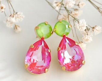 Pink Green Crystal Earrings, Neon Green Pink Crystal Stud Earrings, Summer Pink Earrings, Bridesmaids Green Pink Earrings, Gift For Her