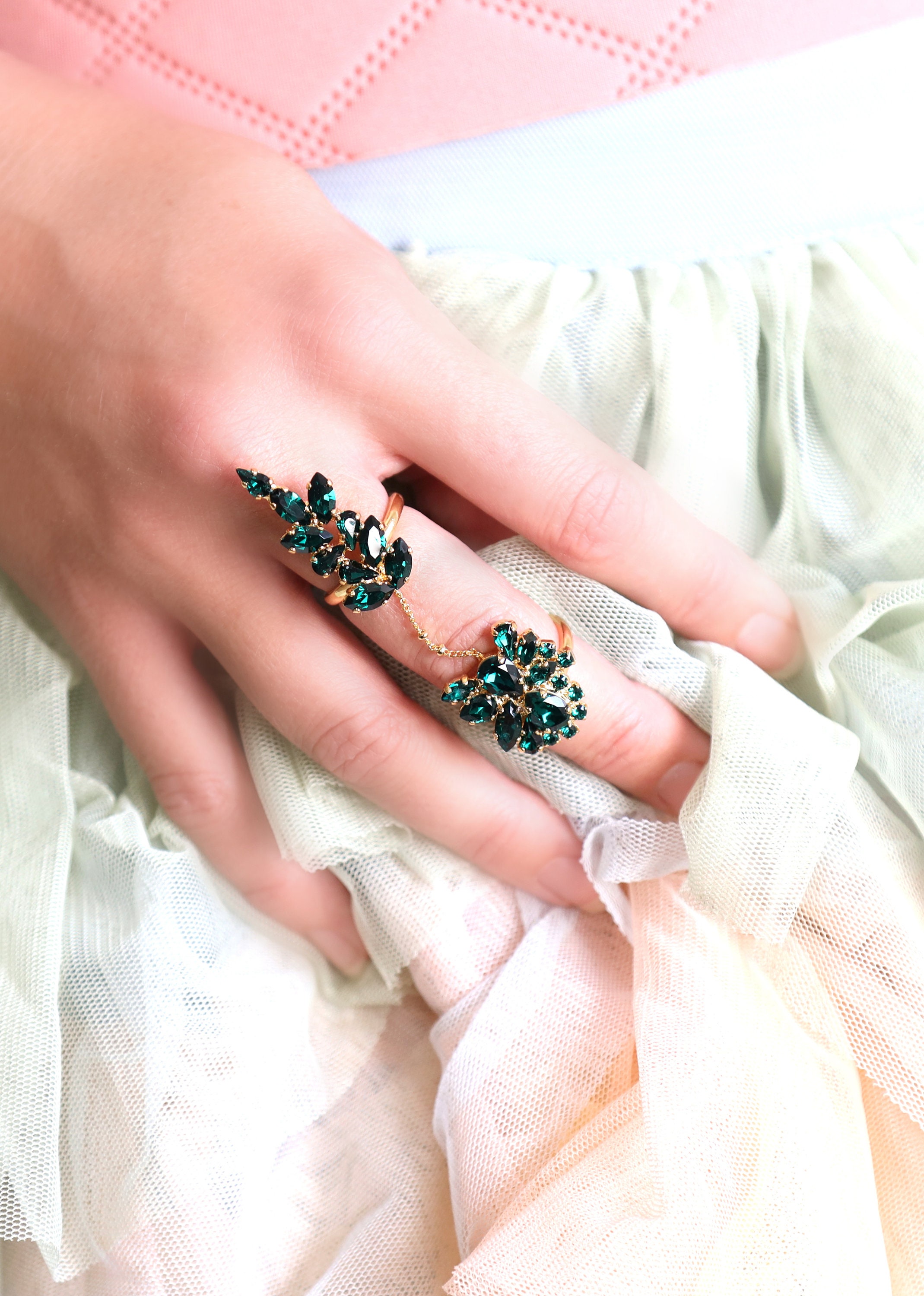 AFFY 2 Carat Simulated Emerald & Sapphire CZ Cocktail Ring - 14K Gold Over Sterling Silver - View #11