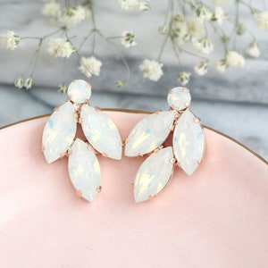 White Opal Crystal Cluster Bridal Clip On Earrings, Bridal Bridesmaid Gift, White Opal Bridal Clip On Earrings, White Opal Crystal Studs