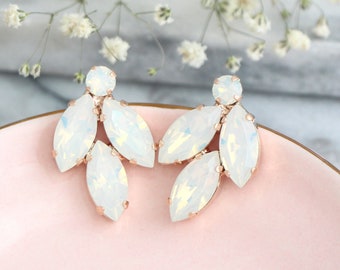 White Opal Crystal Cluster Bridal Clip On Earrings, Bridal Bridesmaid Gift, White Opal Bridal Clip On Earrings, White Opal Crystal Studs