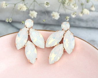 Pendientes de ópalo blanco, pendientes de ópalo para novias, pendientes de cristal de ópalo blanco, pendientes de dama de honor, pendientes de racimo para novias, pendientes de ópalo para novias