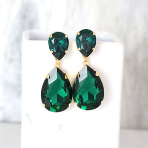 Emerald Statement Long Earrings, Emerald Green Chandelier Earrings, Emerald Green Crystal Earrings, Green Emerald Crystal Oversize Earrings. image 2