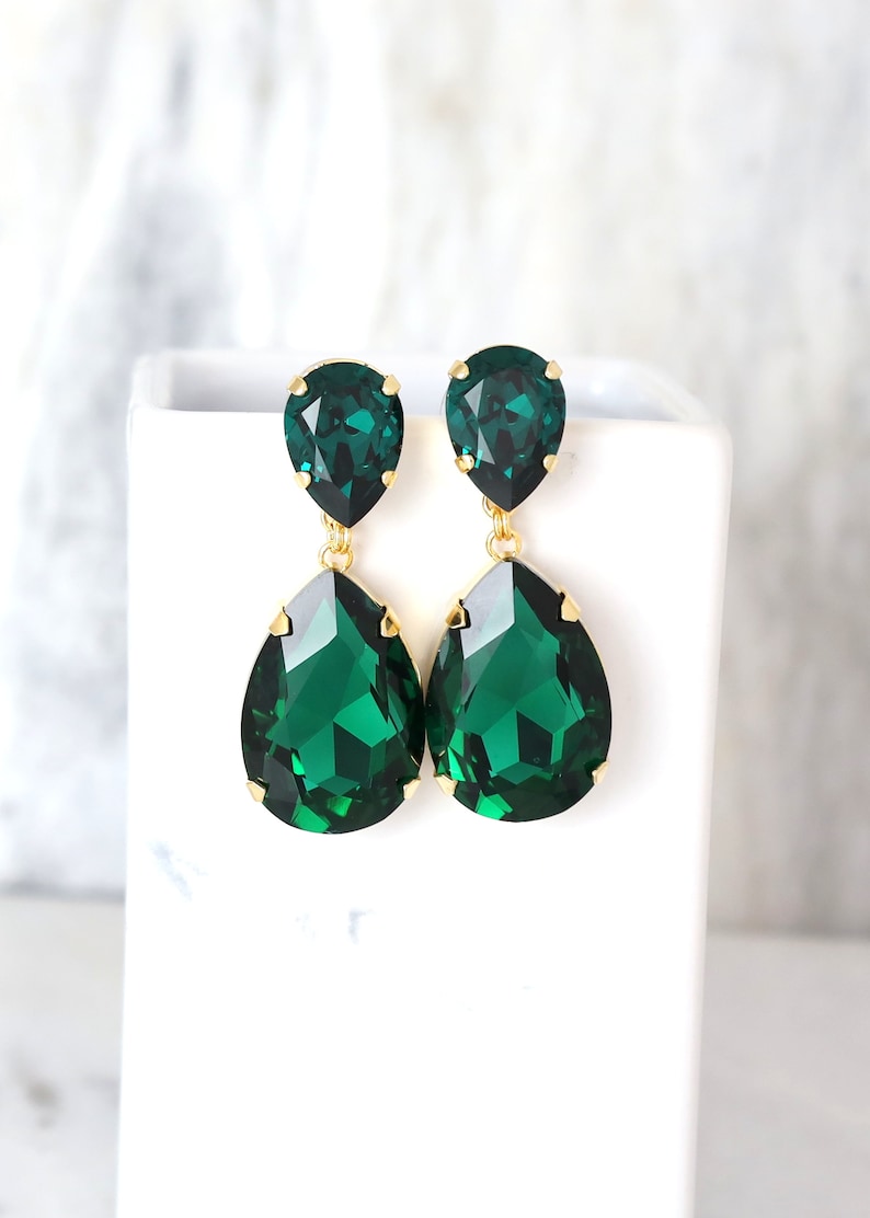 Emerald Statement Long Earrings, Emerald Green Chandelier Earrings, Emerald Green Crystal Earrings, Green Emerald Crystal Oversize Earrings. image 2