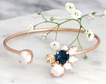 NAVY BLUE BRACELET, Bridal Blue Navy Crystal  Bracelet, Dark Blue Rose Gold Bracelet, Bridesmaids Bracelet, Blue Navy Crystal Cuff Bracelet