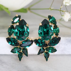 Emerald Crystal Earrings, Emerald Bridal Cluster Earrings, Bridal Emerald Earrings, Bridesmaids Earrings, Emerald Green Crystal Earrings