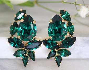 Emerald Crystal Earrings, Emerald Bridal Cluster Earrings, Bridal Emerald Earrings, Bridesmaids Earrings, Emerald Green Crystal Earrings