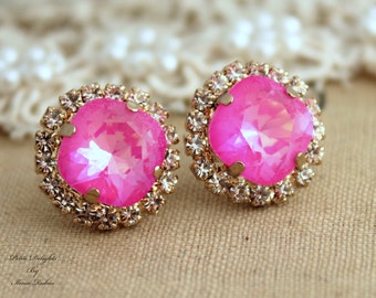 Hot Pink Crystal Stud Earrings, Neon Pink Crystal Earrings, Gift For Her, Hot Pink Stud Earrings, Pink Jewelry, Crystal Pink Earrings