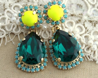 Emerald Earrings, Yellow Green Earrings, Bridal Emerald Earrings, Green Drop Earrings, Green Statement Earrings, Yellow Neon Earrings