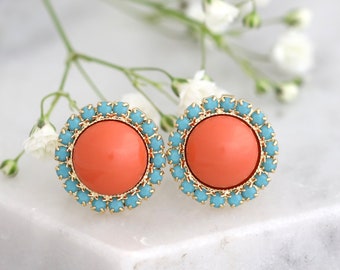 Coral Mint Earrings, Salmon Pink Studs, Coral Earrings, Coral Orange Studs, Gift For Her, Salmon Pink Stud Earrings, Bridal Studs