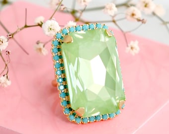 Green Cocktail Crystal Ring, Statement Soft Green Crystal Ring, Sage Green Adjustable Crystal Cocktail Ring, Light Green Crystal Gold Ring.