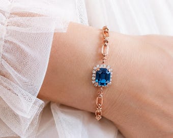 Blue Navy Crystal Bracelets, Dark Blue Navy Bridal Crystal Gold Bracelet, Sapphire Blue Crystal Wedding Bracelet, Embellished Swarovski