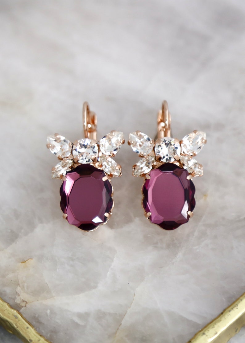 Purple Crystal Drop Earrings, Purple Plum Crystal Bridal Earrings, Amethyst Purple Crystal Earrings, Gift For Her, Bridesmaids Earrings. image 2