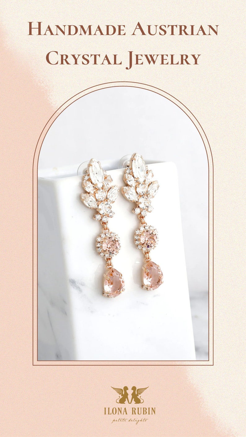 Blush Pink BRIDAL LONG EARRINGS, Bridal Blush Rose Chandeliers, Morganite Crystal Long Chandelier Earrings, Bridal Dusty Rose Earrings image 6