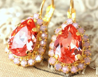 Coral Drop Earrings, Bridal Coral Orange Drop Crystal Earrings, Bridesmaids Peach Earrings, Gift for woman, Peach Drop  Crystal Earrings