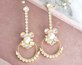 Pearl Crystal Statement Chandelier Earrings, Bridal Pearl Long Modern Earrings, Bridesmaids Gift, Statement Pearl Long Earrings