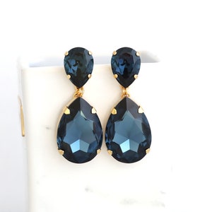 Blue Navy Statement Long Earrings, Blue Navy Chandelier Earrings, Bridal Blue Crystal Earrings, Navy Blu7e Crystal Oversize Earrings. image 5