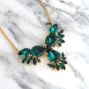 Emerald Statement Necklace, Green Emerald Crystal Gold Necklace, Bridal Emerald Green Necklace, Statement Necklace, Dark Green Necklace image 1