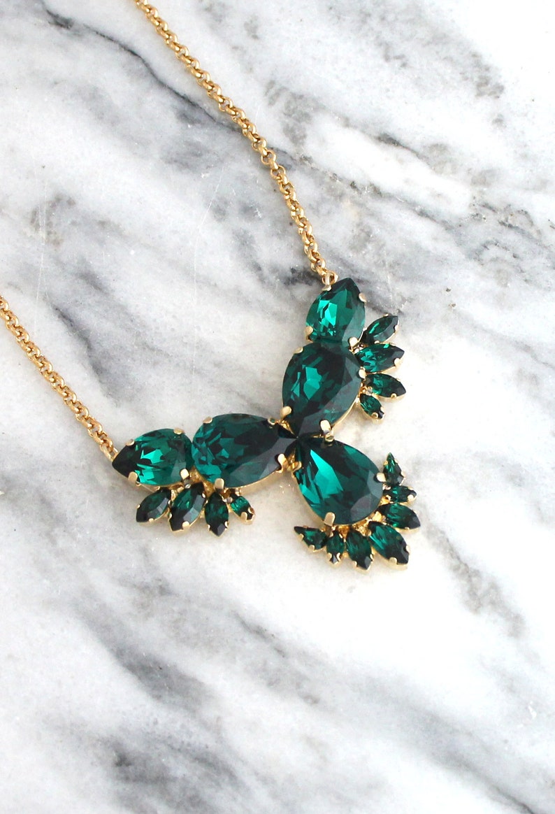 Emerald Statement Necklace, Green Emerald Crystal Gold Necklace, Bridal Emerald Green Necklace, Statement Necklace, Dark Green Necklace image 1