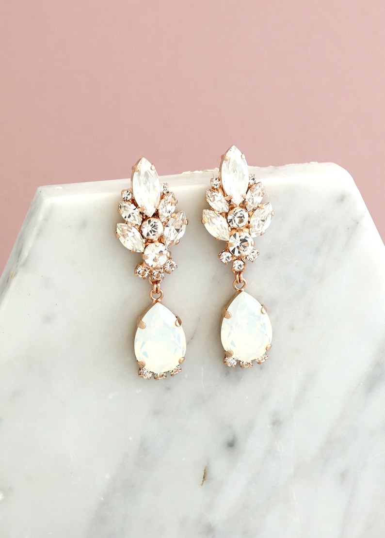 White Opal Clip On Earrings, Bridal LONG Clip On Earrings, Bridal Opal Crystal Earrings, Clip On Earrings, Opal Gold Chandelier Earrings image 1