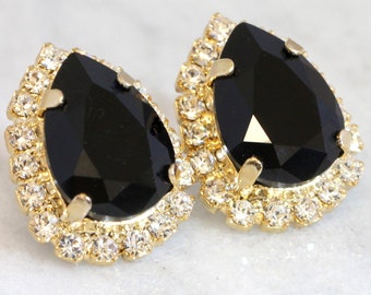 Black Earrings, Black Crystal Earrings, Black Crystal Stud Earrings, Black Studs, gift for woman, Bridal Gold Studs, Black Silver Studs