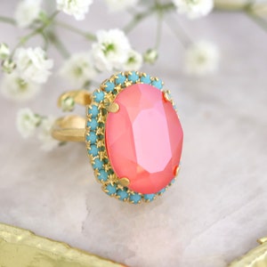 Coral Mint Ring, Orange Crystal Cocktail Ring, Coral Statement Crystal Ring, Orange Adjustable Crystal Ring, Orange Turquoise Oval Ring