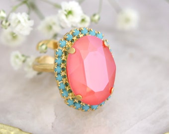 Coral Mint Ring, Orange Crystal Cocktail Ring, Coral Statement Crystal Ring, Orange Adjustable Crystal Ring, Orange Turquoise Oval Ring