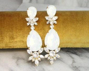 Statement Bridal Drop Crystal Earrings, White Opal Chandelier Bridal Earrings, Bridal Earrings, White Opal Bridal Crystal Earrings