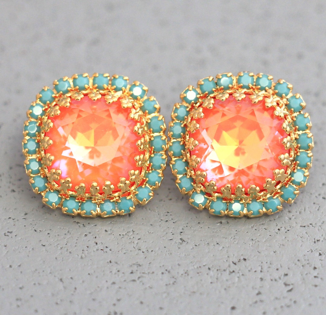 Orange Earrings, Burnt Orange Crystal Earrings, Coral Mint Stud Earrings, Orange Crystal Stud
