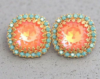 Orange Earrings, Burnt Orange Crystal Earrings, Coral Mint Stud Earrings, Orange Crystal Stud Earrings, Gift For Her, Christmas Gift